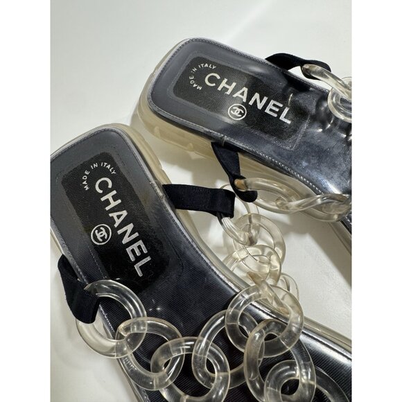 Chanel Size 39/ 8 Clear Jelly Sandals CC Chain Flip Flops - Picture 5 of 11